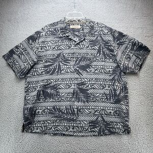 Tommy Bahama Shirt Mens XL Gray Black Hawaiian Silk Palm Print Aloha Camp